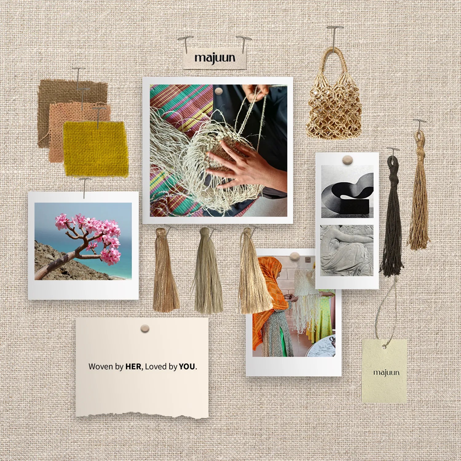 Collage of woven items and photos on a textured beige background with 'majuun' branding.