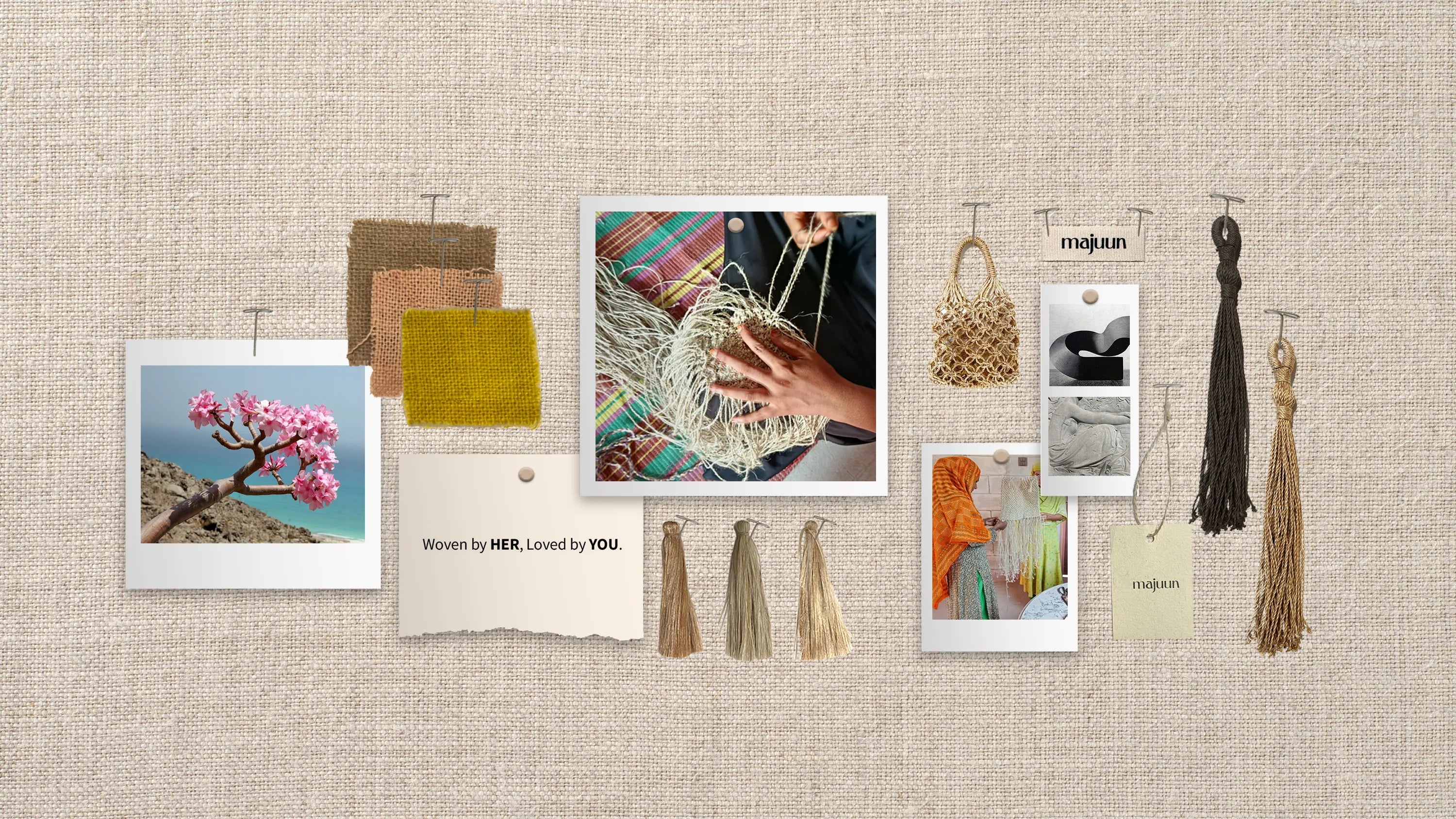 Collage of images and textures on a textured beige background