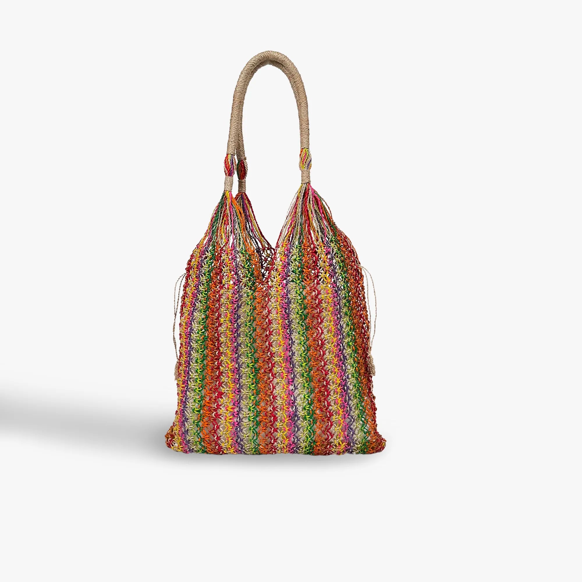Multicolored striped bag with a handle on a white background