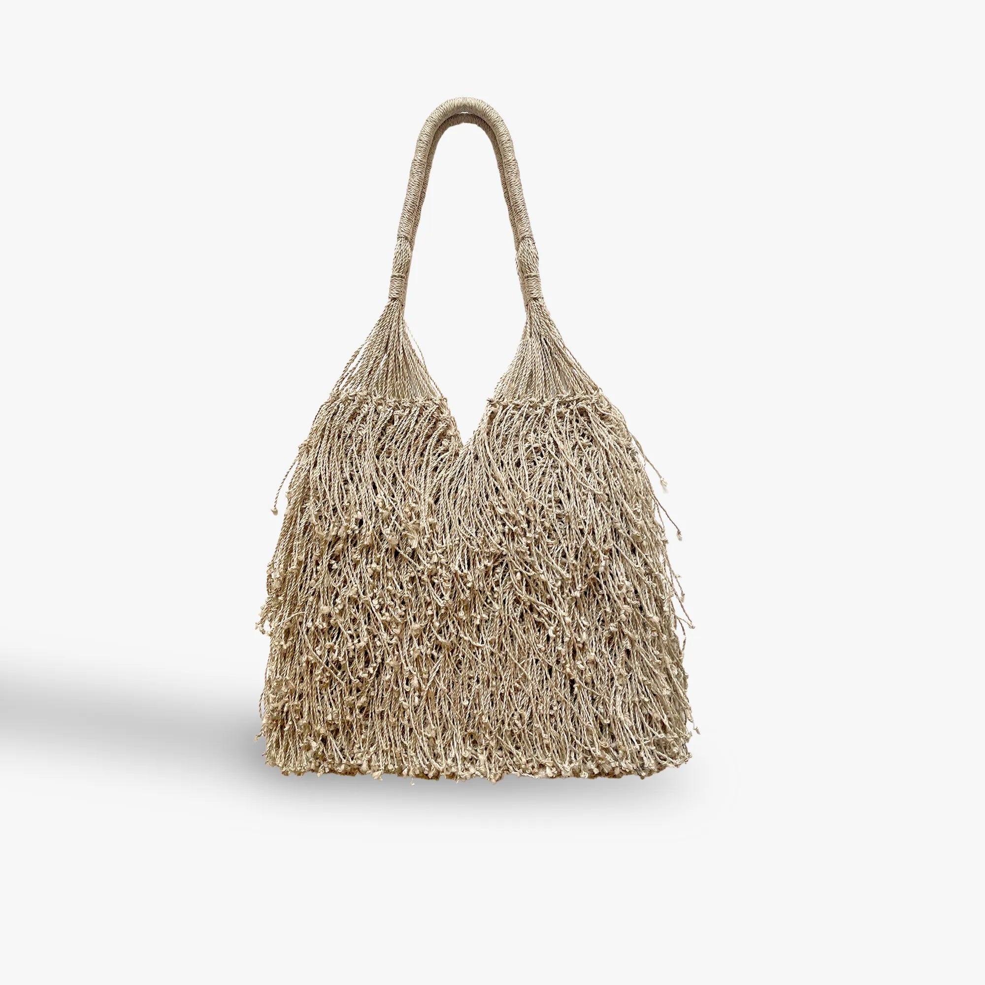 Textured handbag with a handle on a light gray background